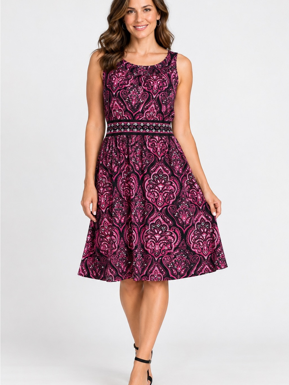 Apt. 9 Sleeveless Pink and Black Paisley Fit-and-Flare Dress